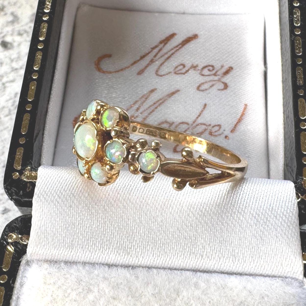 Antique 9ct Gold Natural Opal Cluster Daisy Ring: Georgian/Victorian Ornate Halo Ring