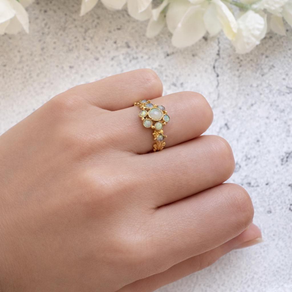 Antique 9ct Gold Natural Opal Cluster Daisy Ring: Georgian/Victorian Ornate Halo Ring