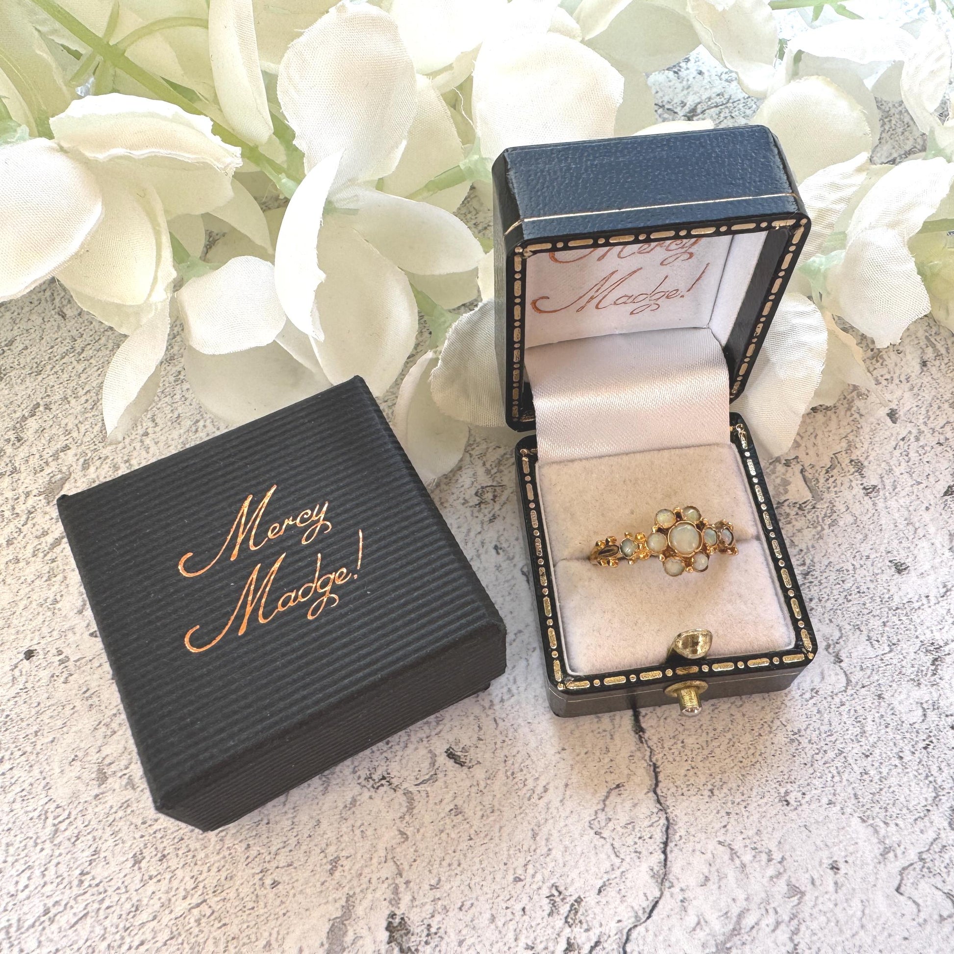 Antique 9ct Gold Natural Opal Cluster Daisy Ring: Georgian/Victorian Ornate Halo Ring