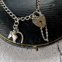 Load image into Gallery viewer, Vintage English Sterling Silver Curb Bracelet, Love Heart Padlock Clasp, Equestrian Horseshoe Charm
