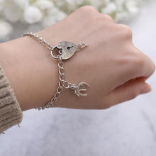Load image into Gallery viewer, Vintage English Sterling Silver Curb Bracelet, Love Heart Padlock Clasp, Equestrian Horseshoe Charm
