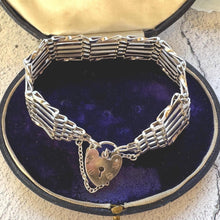 Load image into Gallery viewer, Vintage 1976 Sterling Silver Wide Gate Bracelet With Heart Padlock Clasp. Romantic Sweetheart Jewellery

