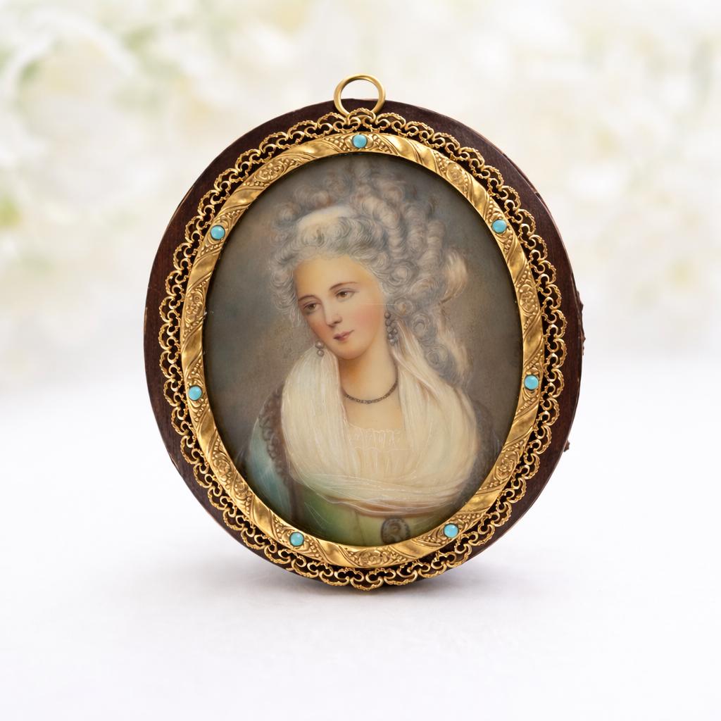 Georgian Signed Portrait Miniature of a Lady, Ormolu Pendant Frame, Cased