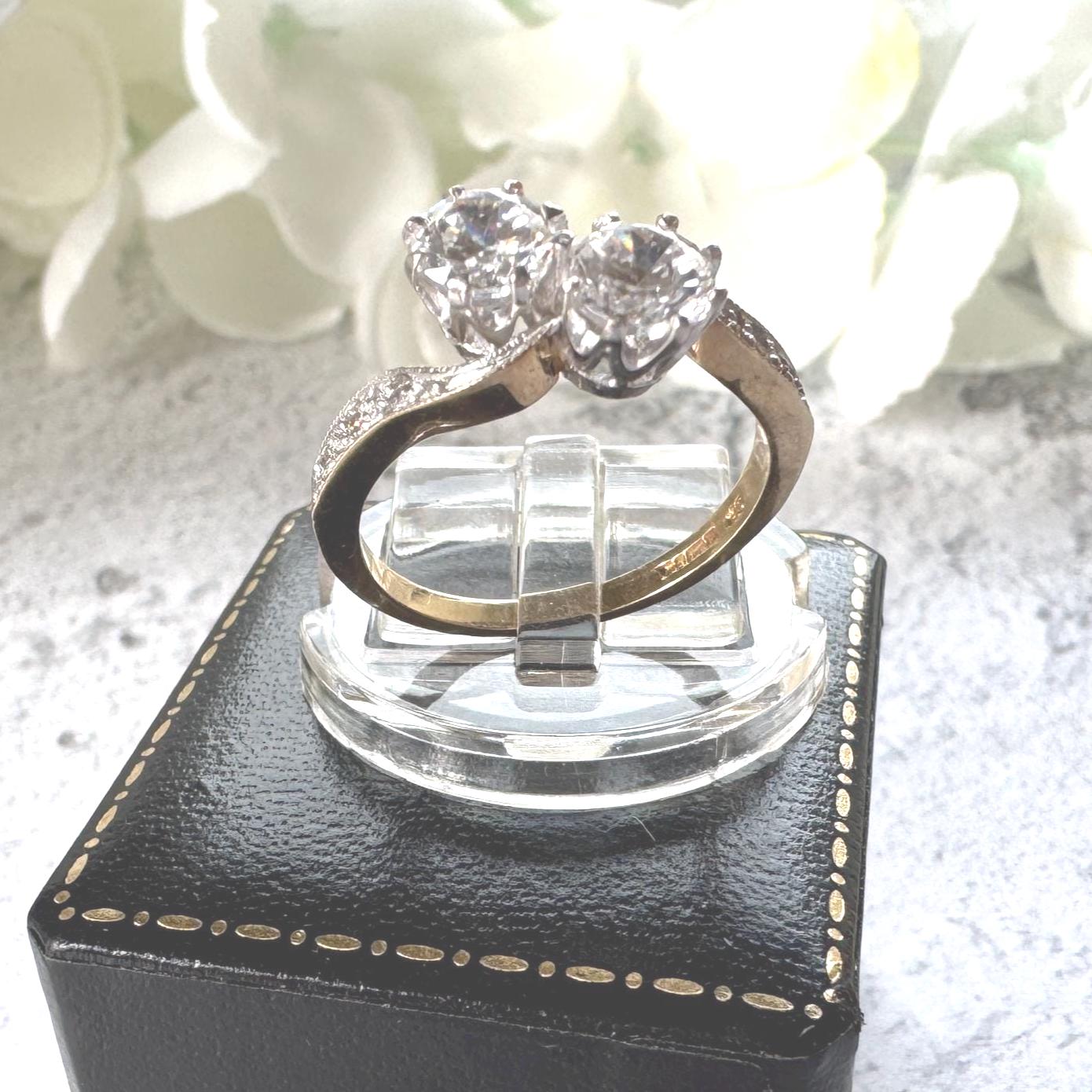 Vintage 9ct Gold Toi Et Moi White Zircon Bypass Ring