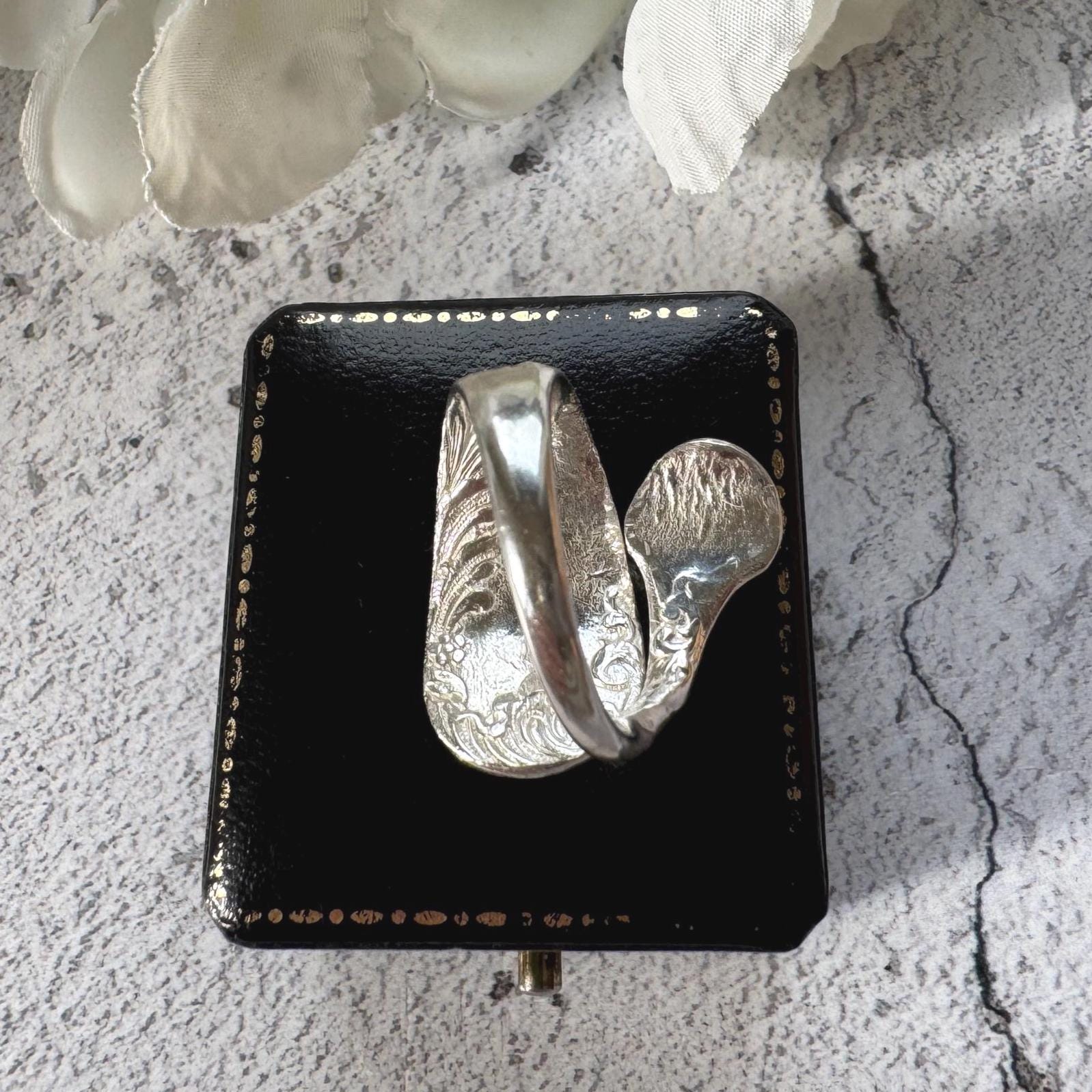 Edwardian 800 Silver Spoon Ring: Adjustable Antique Art Nouveau Floral Wrap Snake Ring