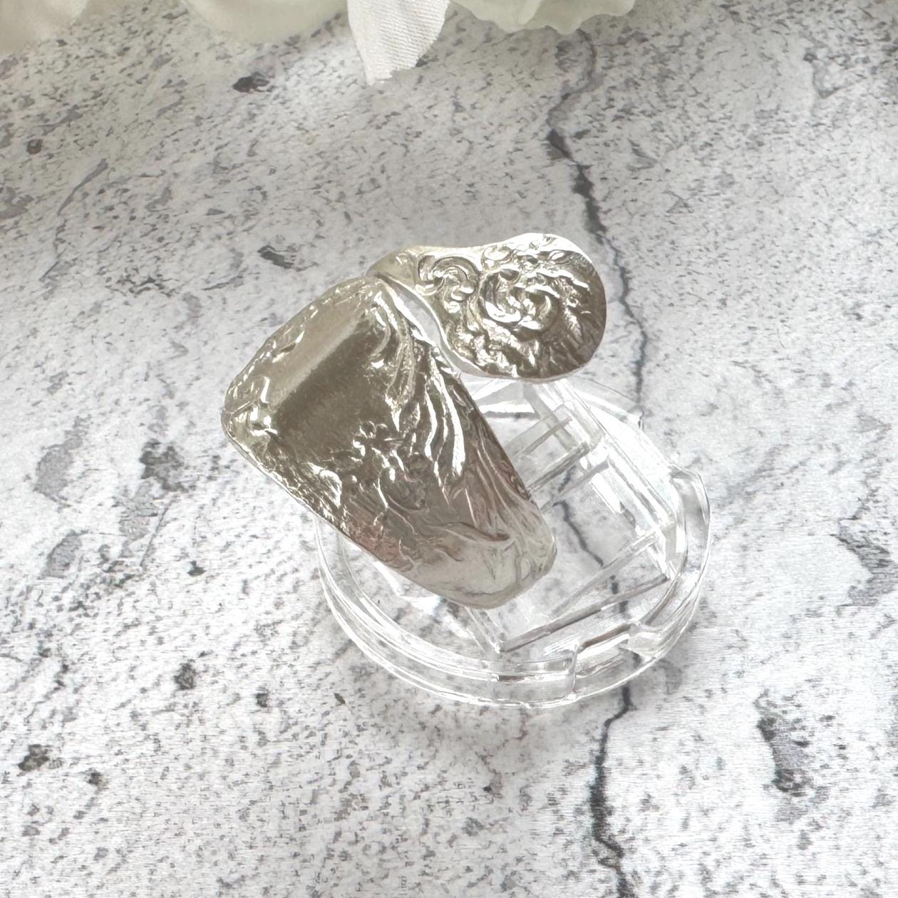 Edwardian 800 Silver Spoon Ring: Adjustable Antique Art Nouveau Floral Wrap Snake Ring
