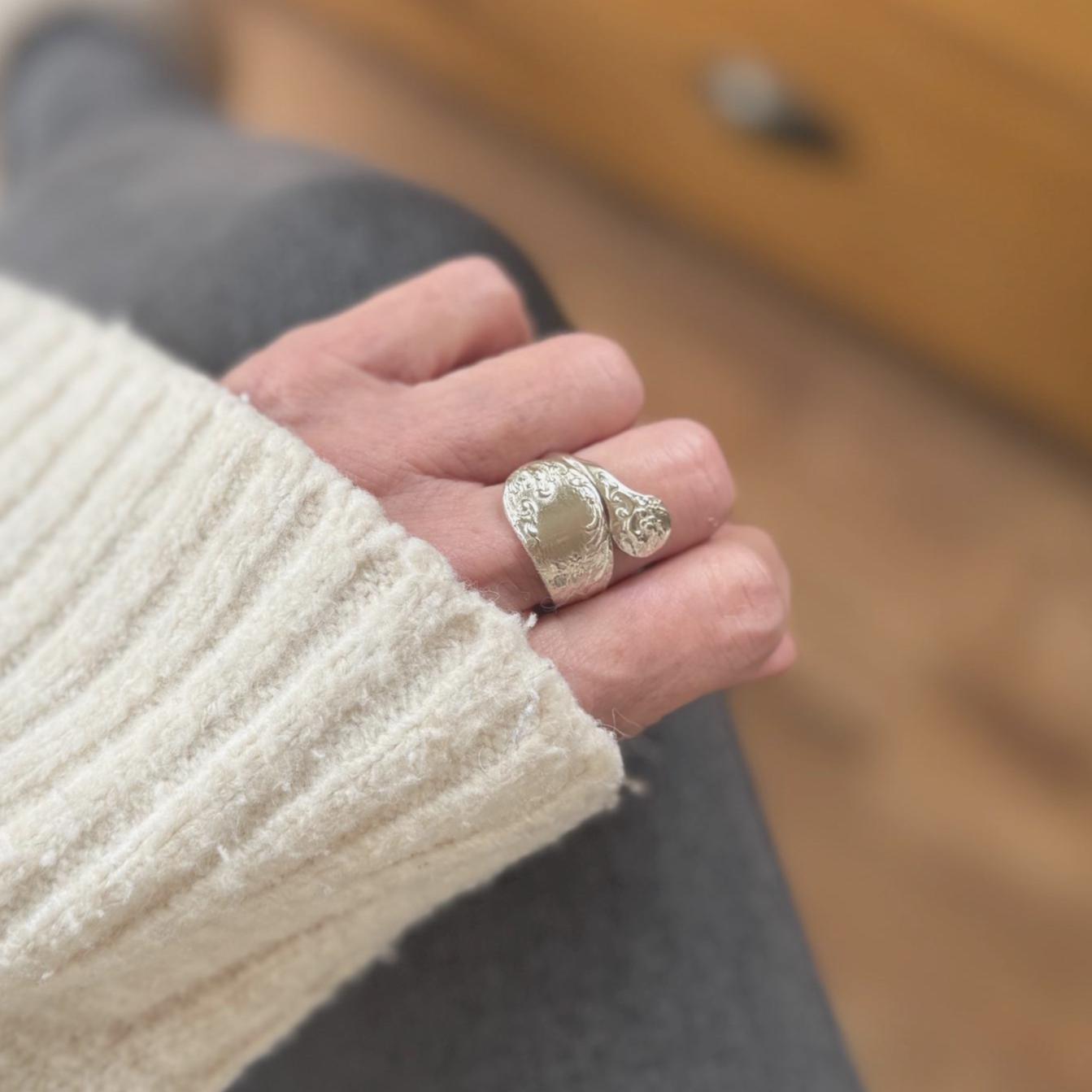 Edwardian 800 Silver Spoon Ring: Adjustable Antique Art Nouveau Floral Wrap Snake Ring