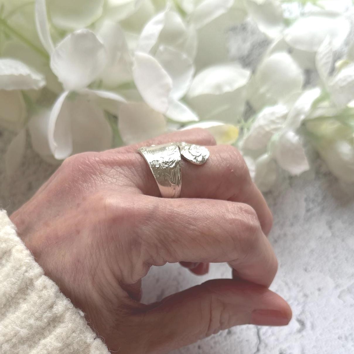 Edwardian 800 Silver Spoon Ring: Adjustable Antique Art Nouveau Floral Wrap Snake Ring