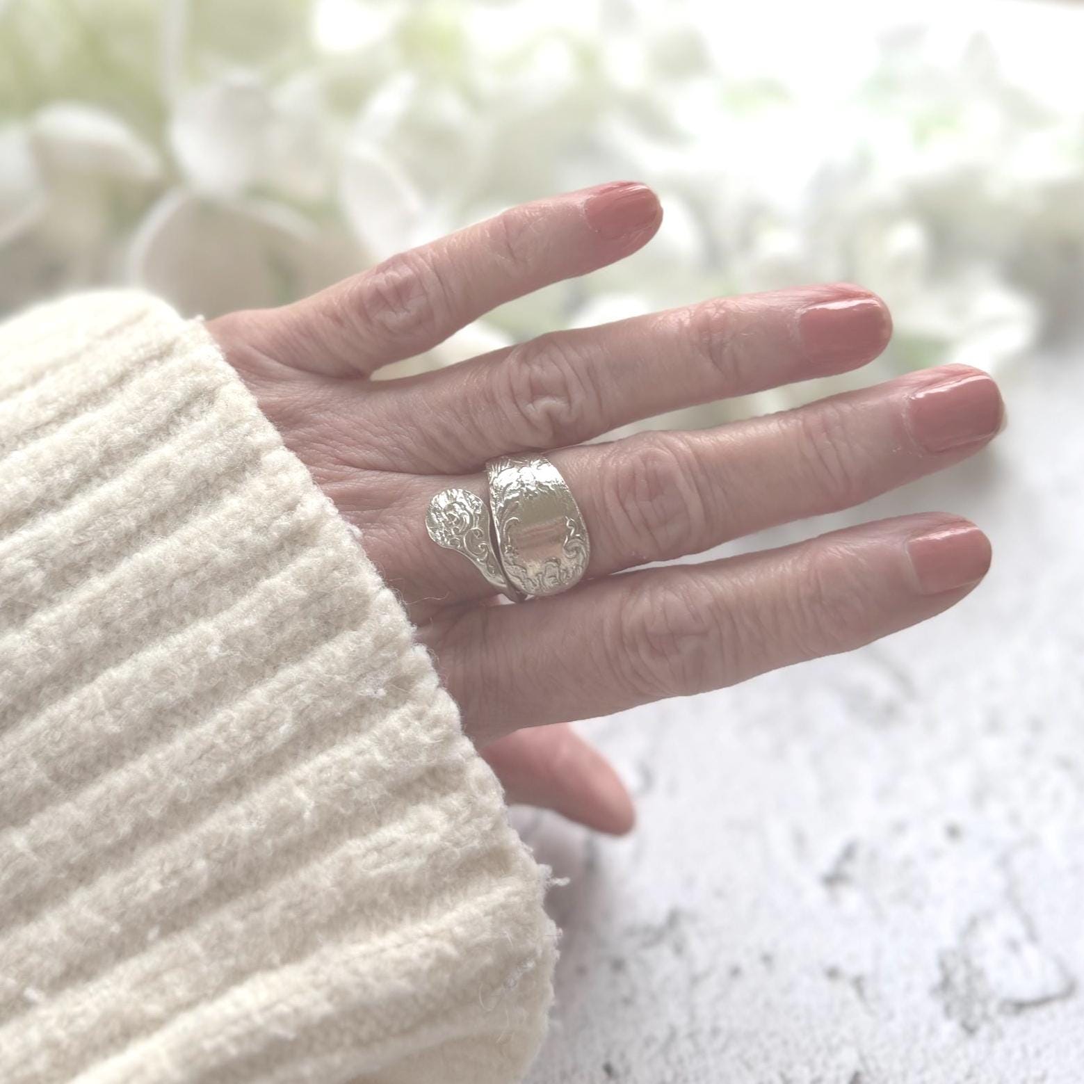 Edwardian 800 Silver Spoon Ring: Adjustable Antique Art Nouveau Floral Wrap Snake Ring