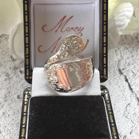 Edwardian 800 Silver Spoon Ring: Adjustable Antique Art Nouveau Floral Wrap Snake Ring