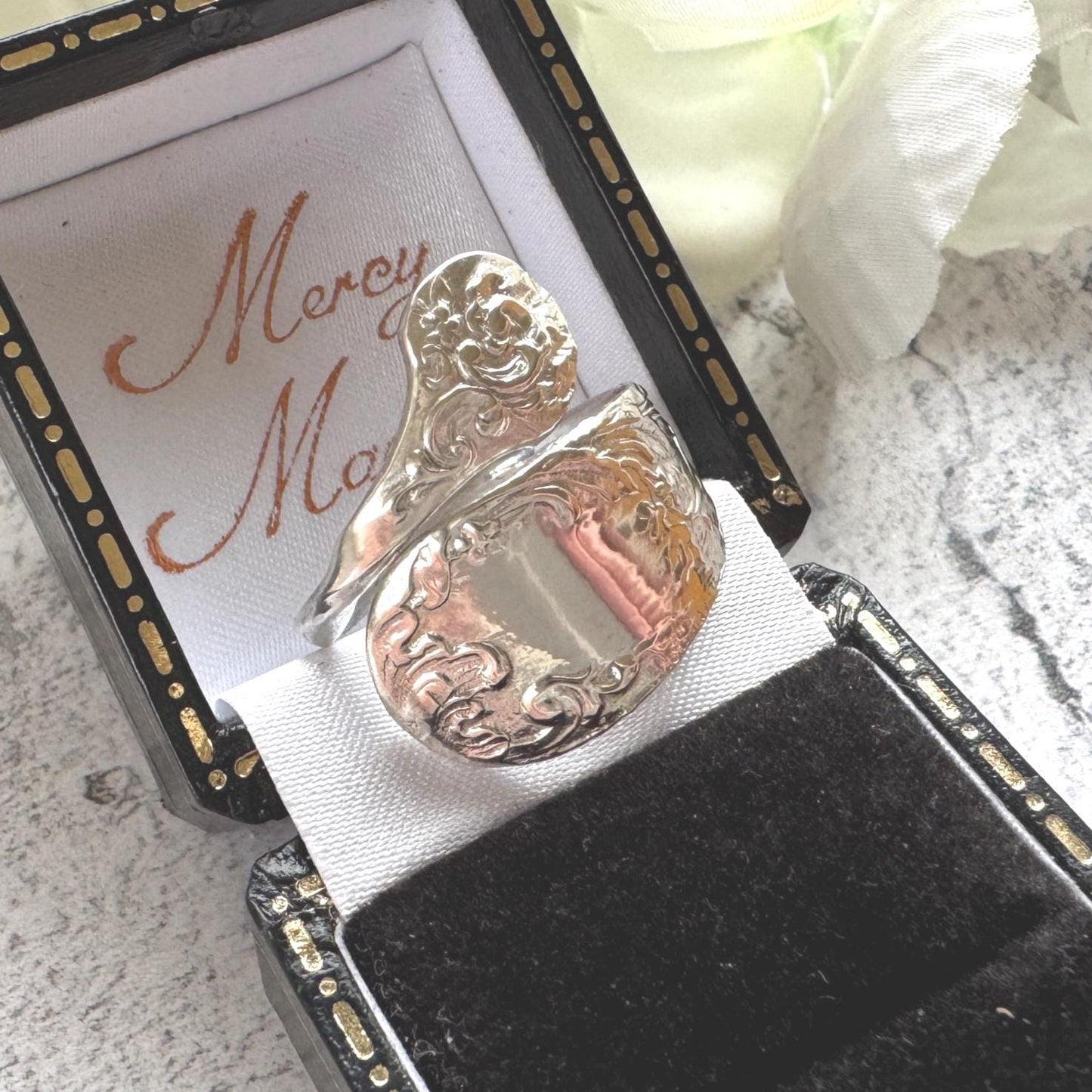 Edwardian 800 Silver Spoon Ring: Adjustable Antique Art Nouveau Floral Wrap Snake Ring
