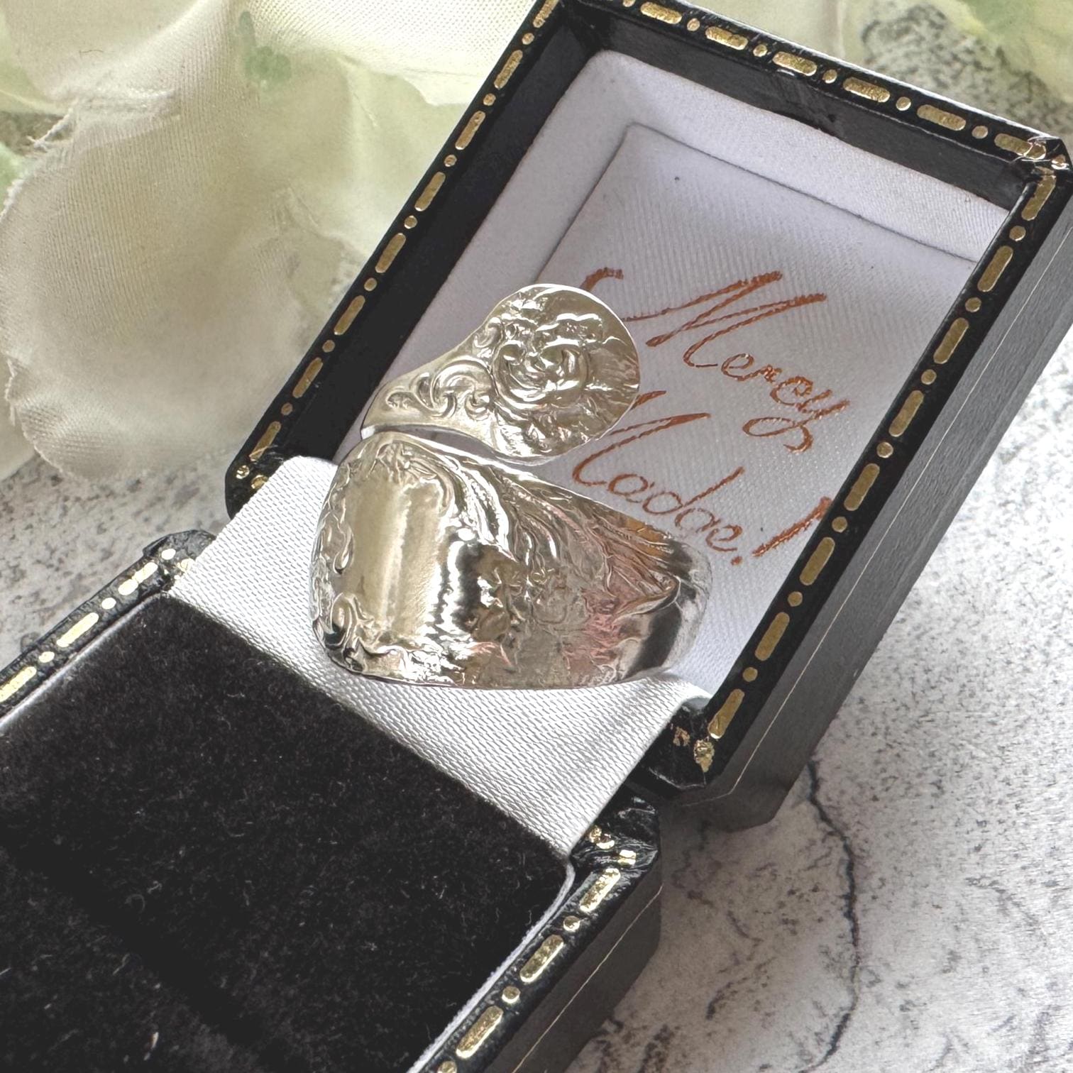 Edwardian 800 Silver Spoon Ring: Adjustable Antique Art Nouveau Floral Wrap Snake Ring