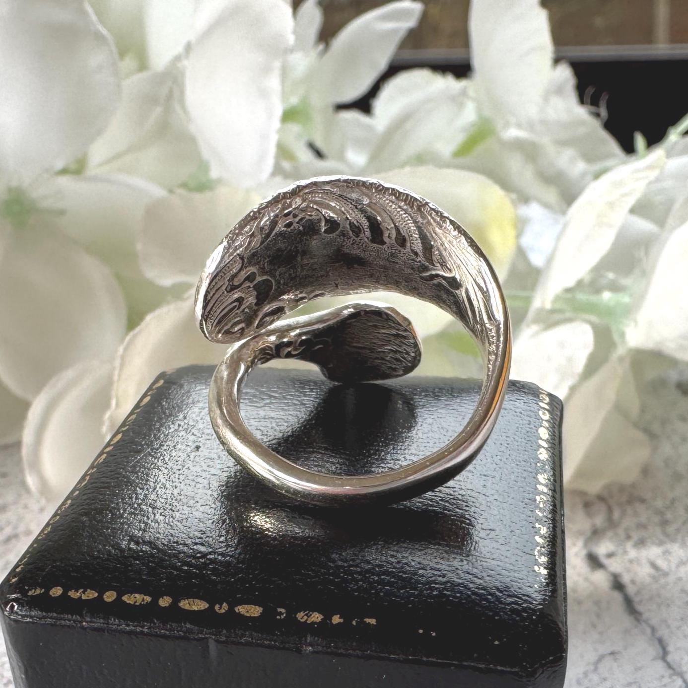Edwardian 800 Silver Spoon Ring: Adjustable Antique Art Nouveau Floral Wrap Snake Ring