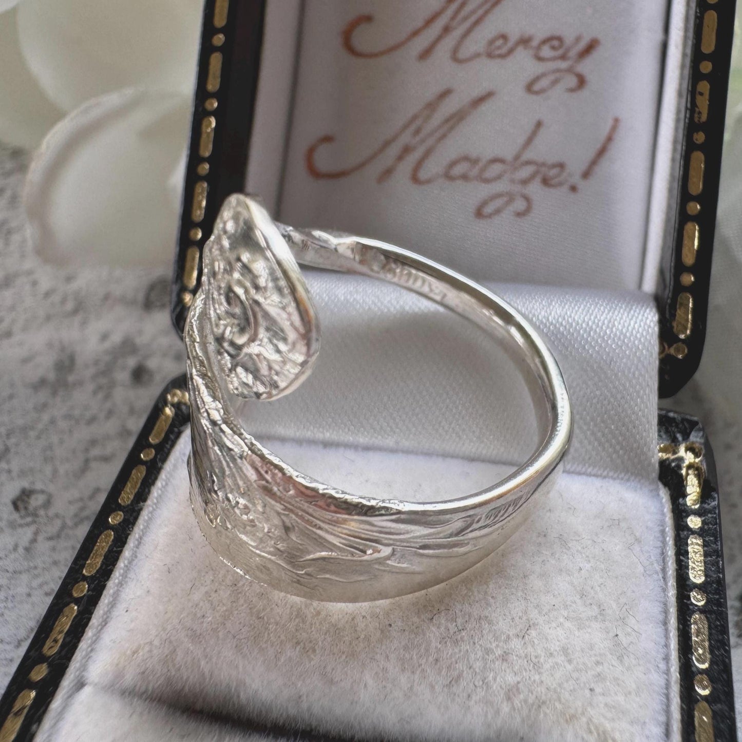 Edwardian 800 Silver Spoon Ring: Adjustable Antique Art Nouveau Floral Wrap Snake Ring