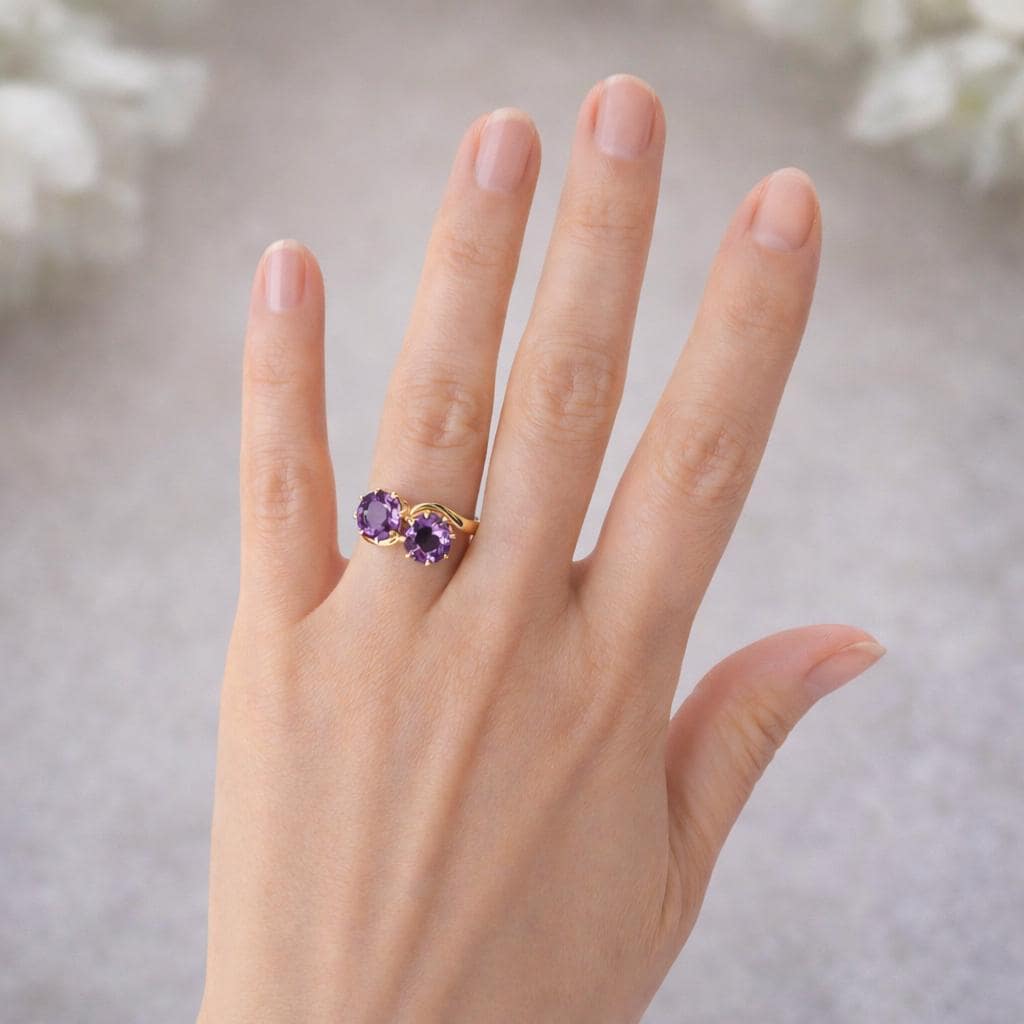 Vintage 9ct Gold Amethyst Toi et Moi Ring, 1966. Two Stone Bypass Engagement Ring