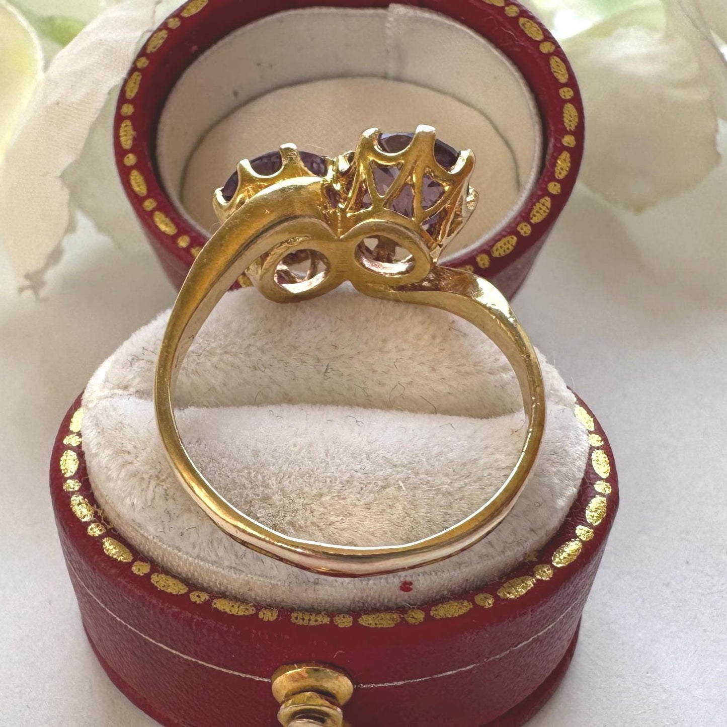 Vintage 9ct Gold Amethyst Toi et Moi Ring, 1966. Two Stone Bypass Engagement Ring