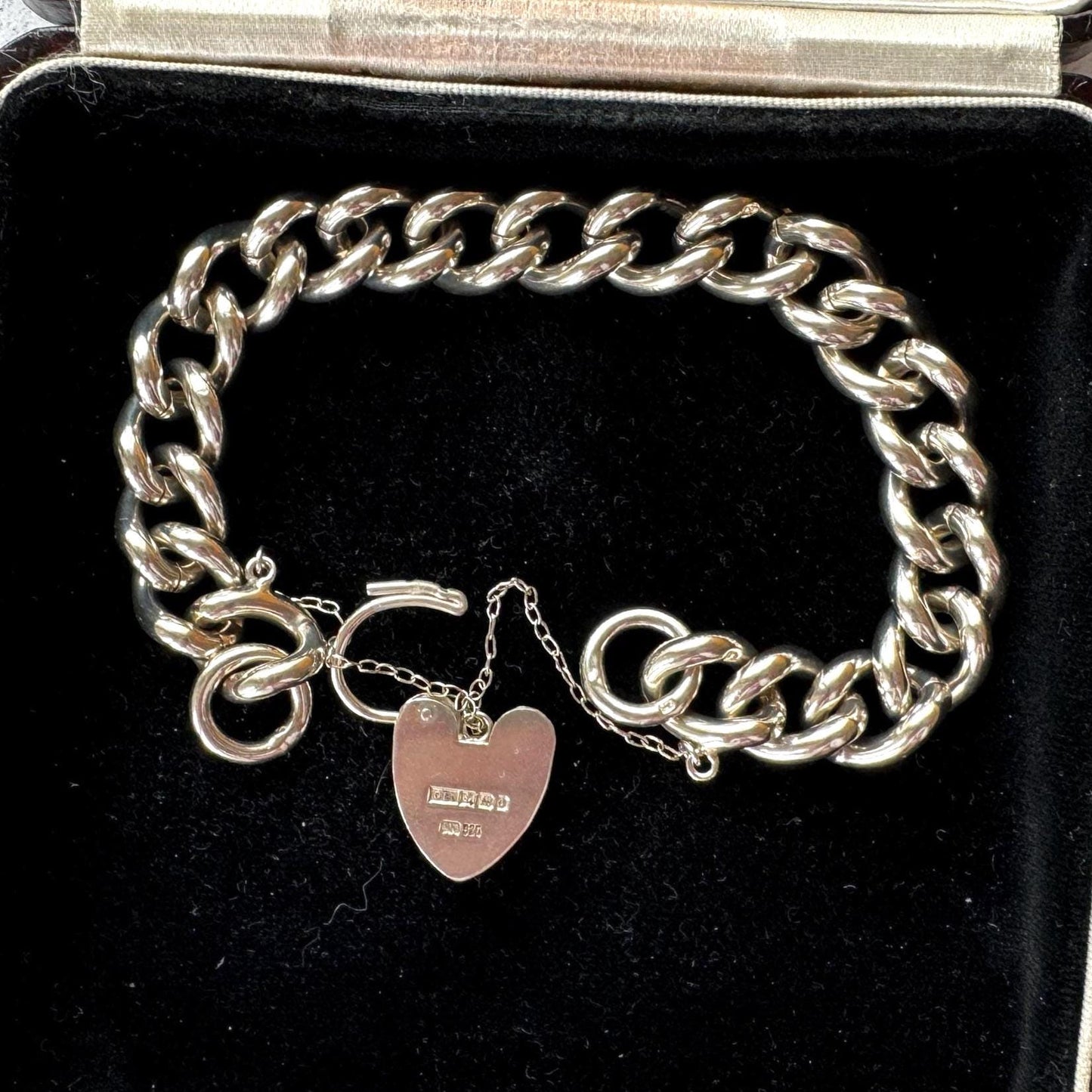 Vintage Chunky Sterling Silver Chain Bracelet & Love Heart Padlock Clasp, Dated 1977