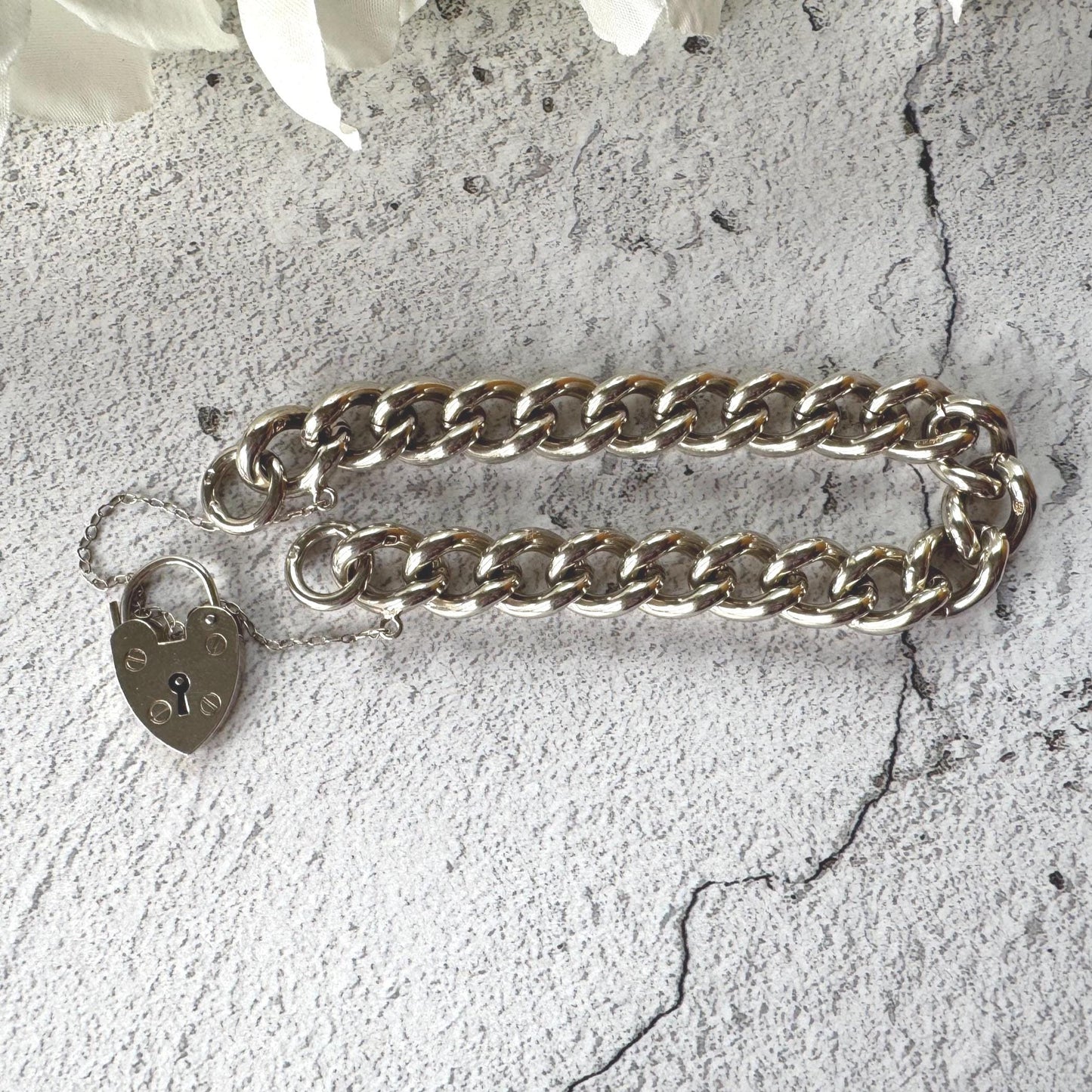Vintage Chunky Sterling Silver Chain Bracelet & Love Heart Padlock Clasp, Dated 1977