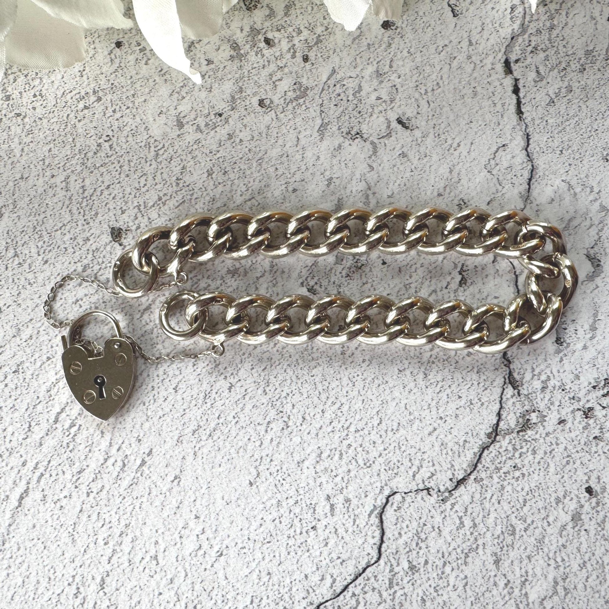 Vintage Chunky Sterling Silver Chain Bracelet & Love Heart Padlock Clasp, Dated 1977