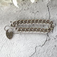 Cargar imagen en el visor de la galería, Vintage Chunky Sterling Silver Chain Bracelet &amp; Love Heart Padlock Clasp, Dated 1977
