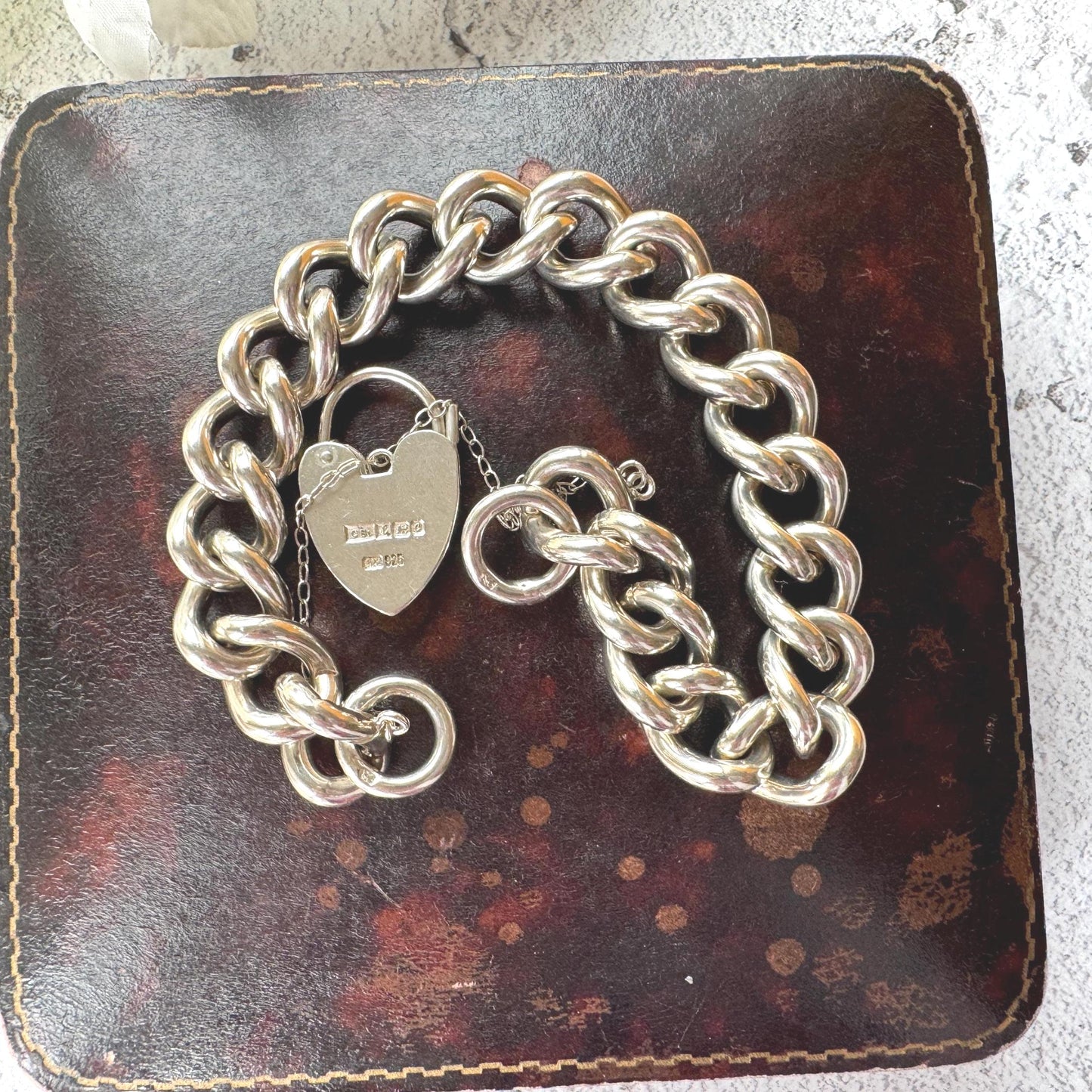 Vintage Chunky Sterling Silver Chain Bracelet & Love Heart Padlock Clasp, Dated 1977