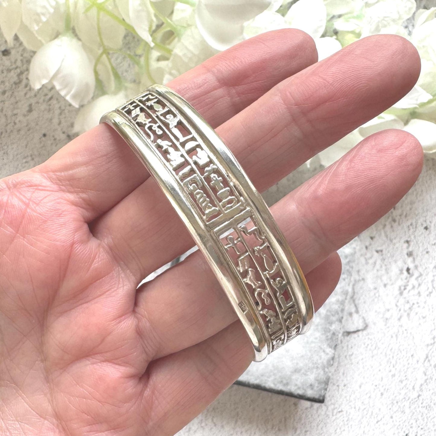 Vintage Sterling Silver Egyptian Hieroglyphic Bangle