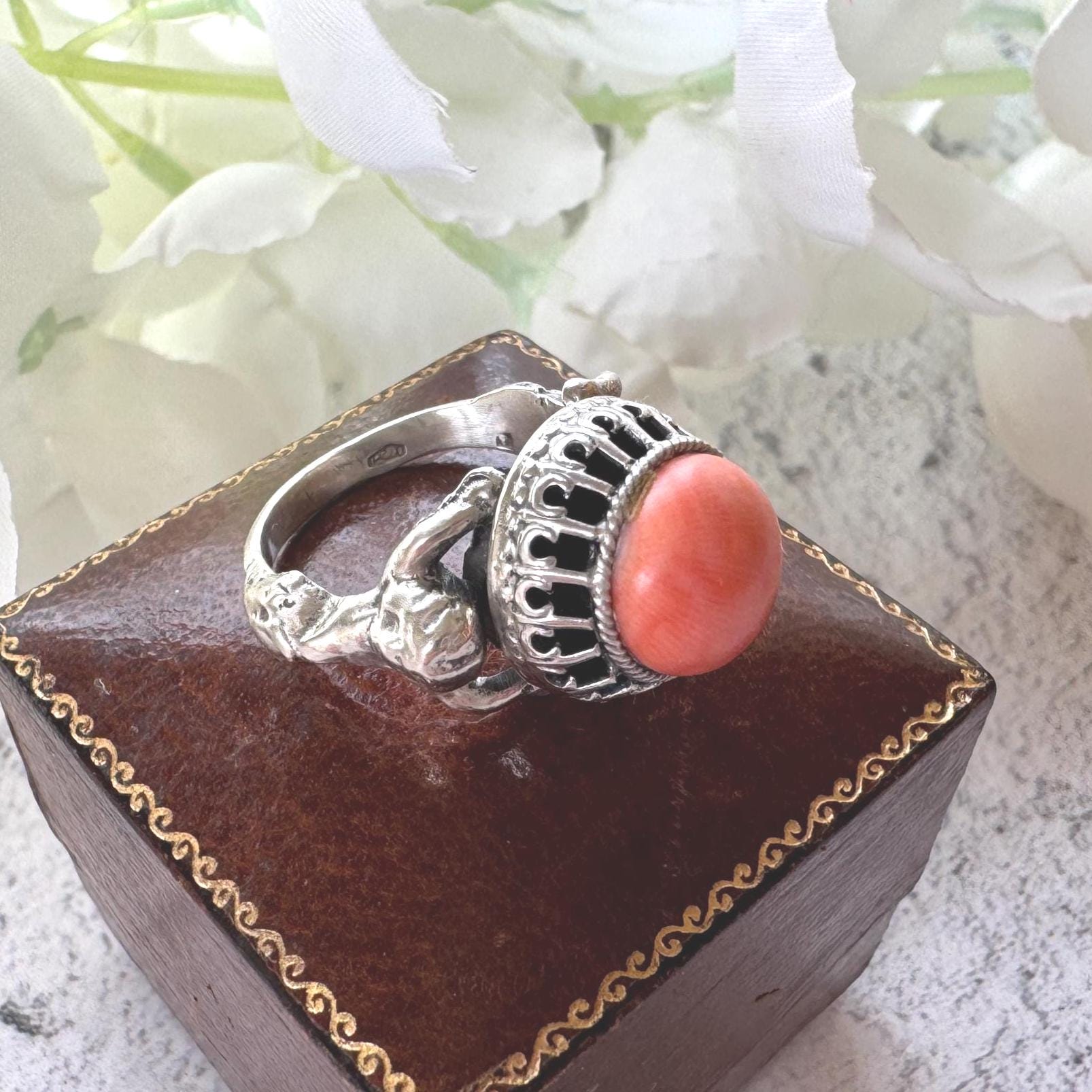 Rare Antique Austro Hungarian Silver & Coral Putti Ring: Hallmarked Budapest c1900