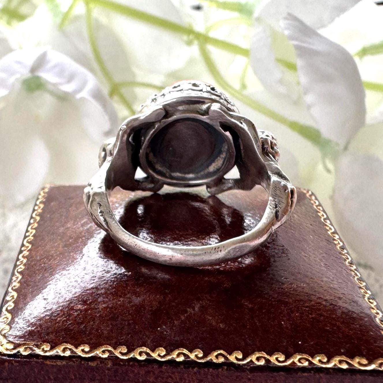 Rare Antique Austro Hungarian Silver & Coral Putti Ring: Hallmarked Budapest c1900