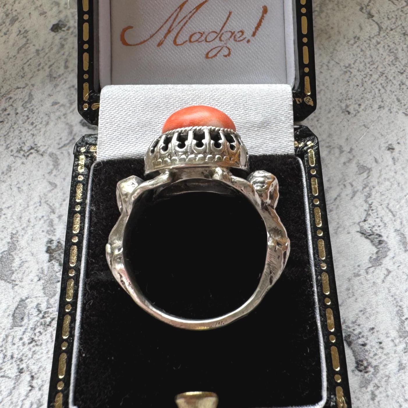 Rare Antique Austro Hungarian Silver & Coral Putti Ring: Hallmarked Budapest c1900