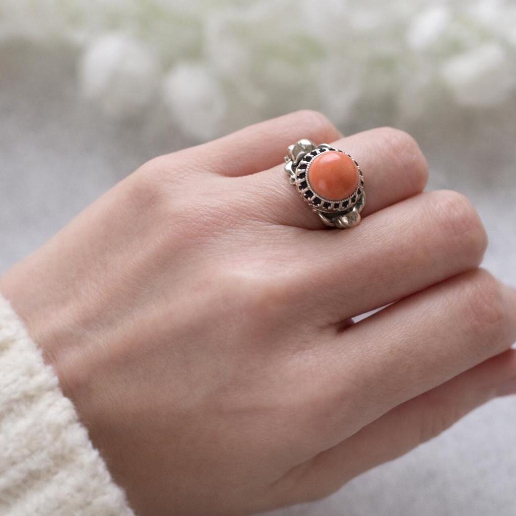 Rare Antique Austro Hungarian Silver & Coral Putti Ring: Hallmarked Budapest c1900
