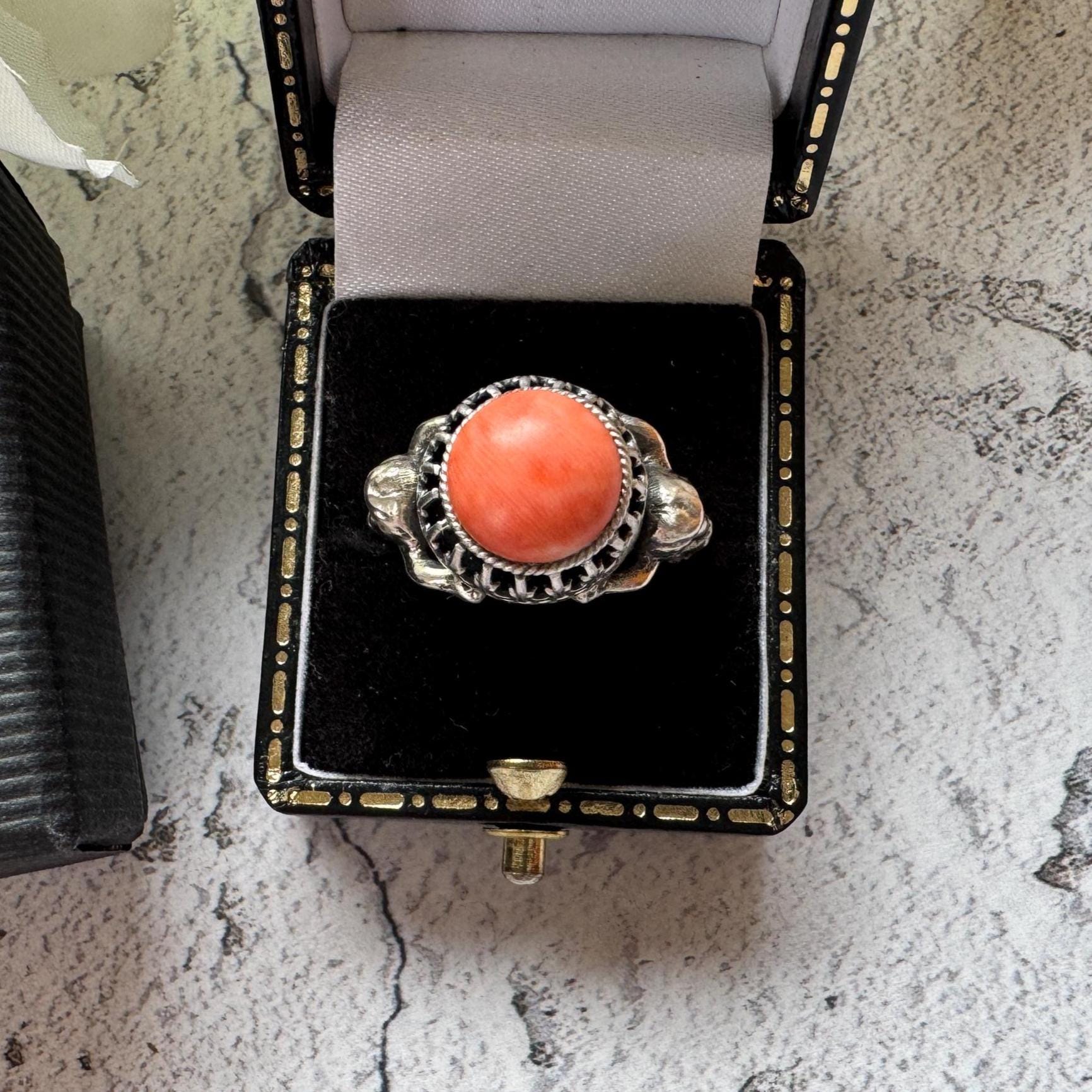 Rare Antique Austro Hungarian Silver & Coral Putti Ring: Hallmarked Budapest c1900