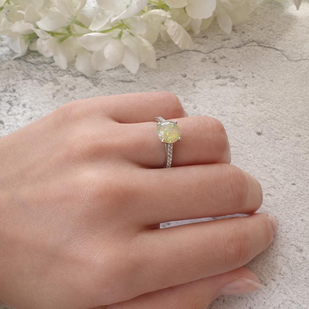 Vintage 2.0ct Rainbow Opal & CZ Crystal Sterling Silver Solitaire Ring, Size N / 6-3/4