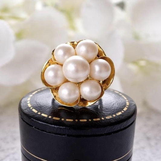 1970s 14ct Gold Pearl Cluster Ring: Mid-Century High Dome Flower Design (Boxed)