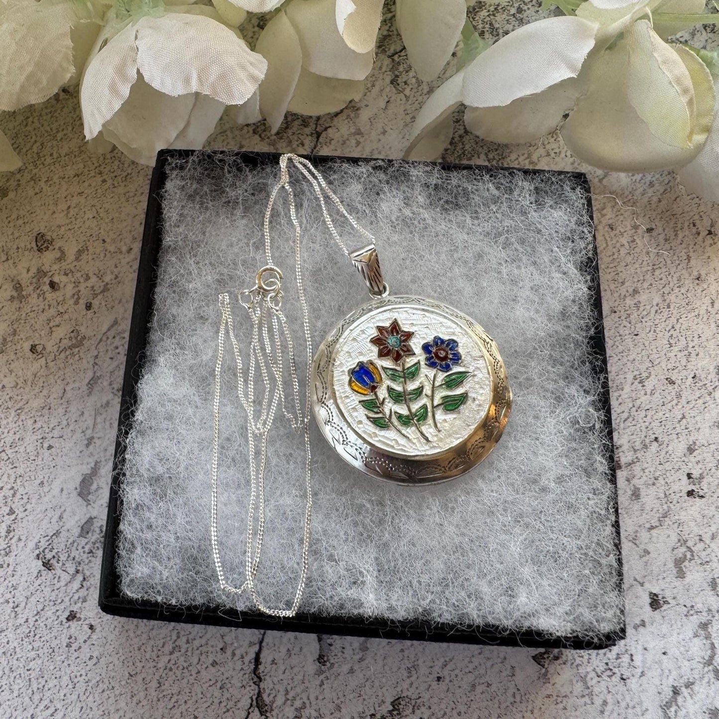 Vintage Sterling Silver Enamel Floral Locket, Victorian Style Photo Locket Necklace