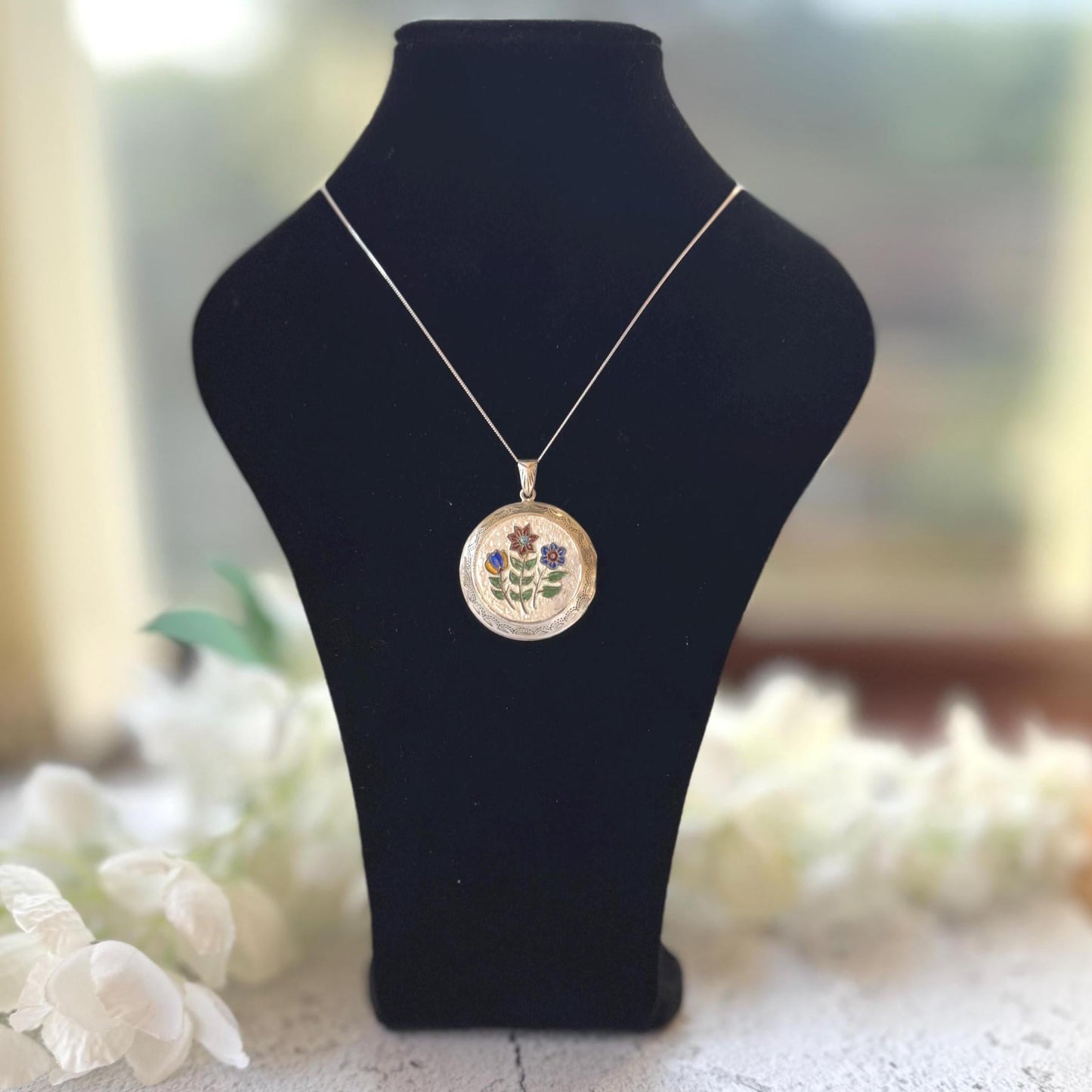 Vintage Sterling Silver Enamel Floral Locket, Victorian Style Photo Locket Necklace