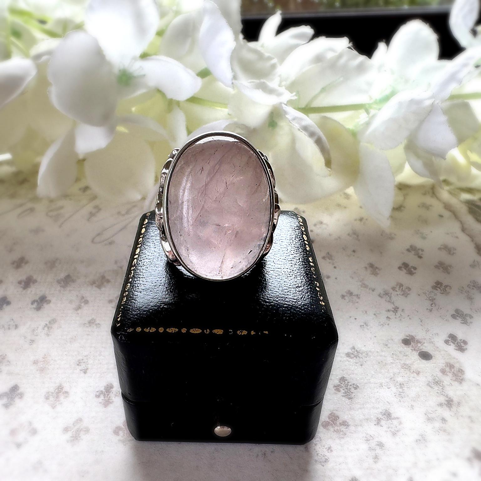 Antique Arts Crafts Rose Quartz Ring: Edwardian Sterling Silver Cabochon Statement Ring