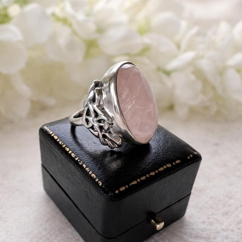 Antique Arts Crafts Rose Quartz Ring: Edwardian Sterling Silver Cabochon Statement Ring