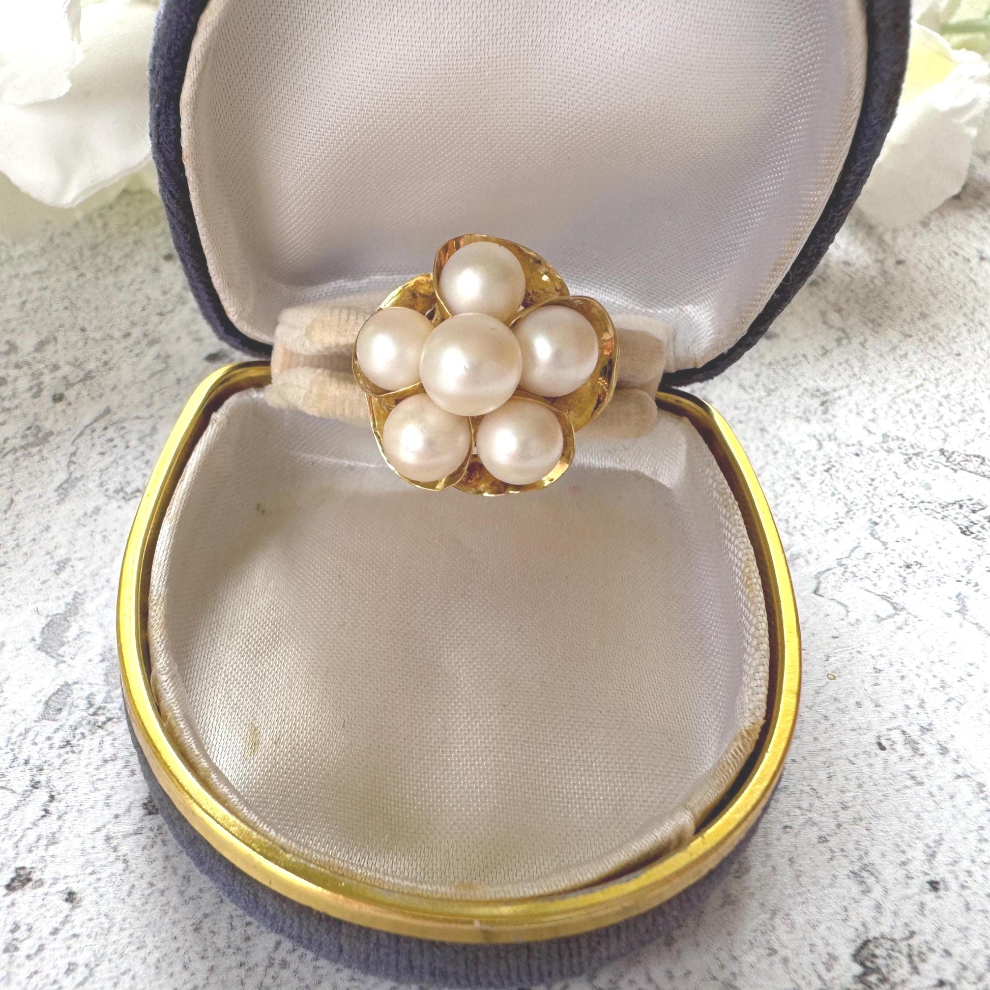 1970s 14ct Gold Pearl Cluster Ring: Mid-Century High Dome Flower Design (Boxed)
