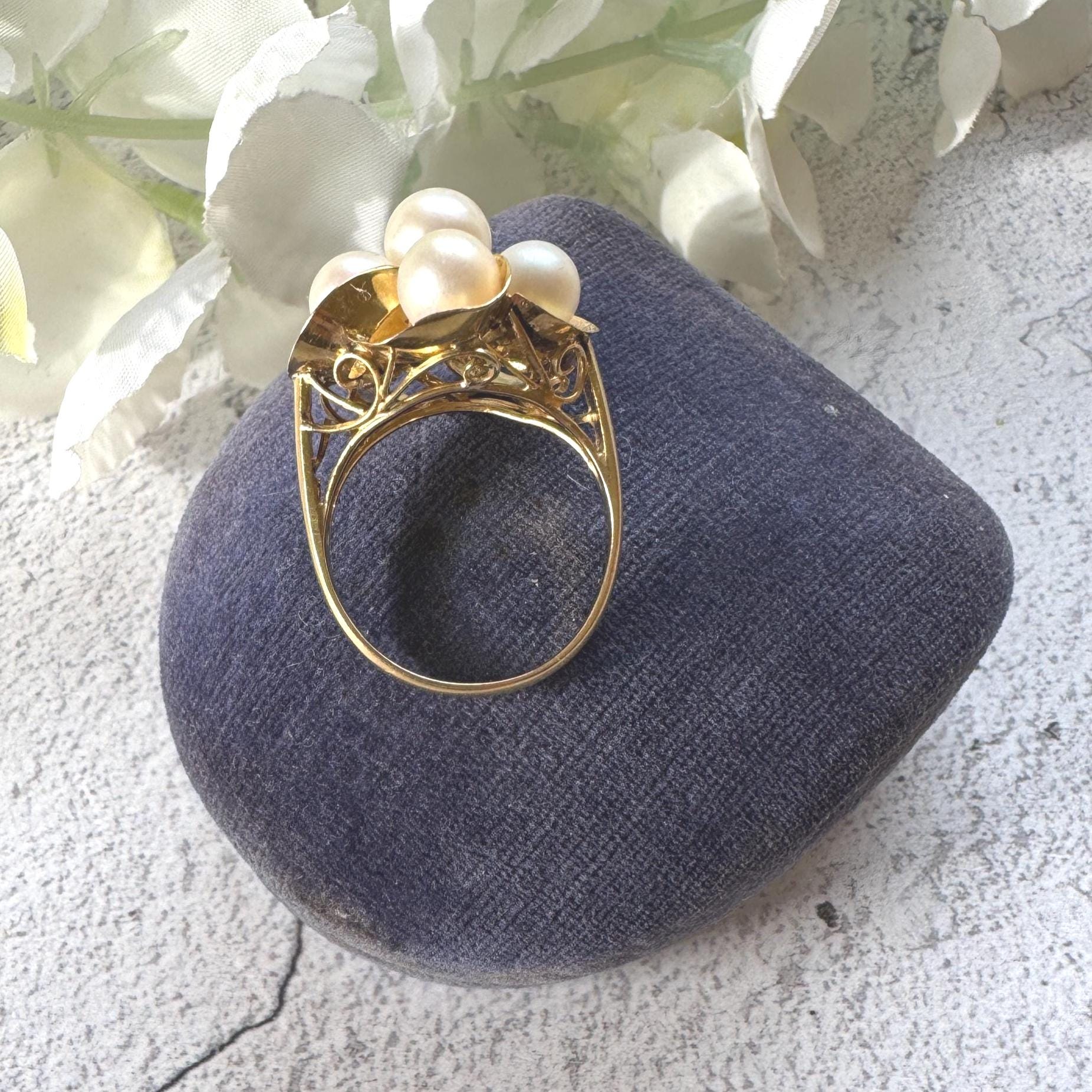 1970s 14ct Gold Pearl Cluster Ring: Mid-Century High Dome Flower Design (Boxed)