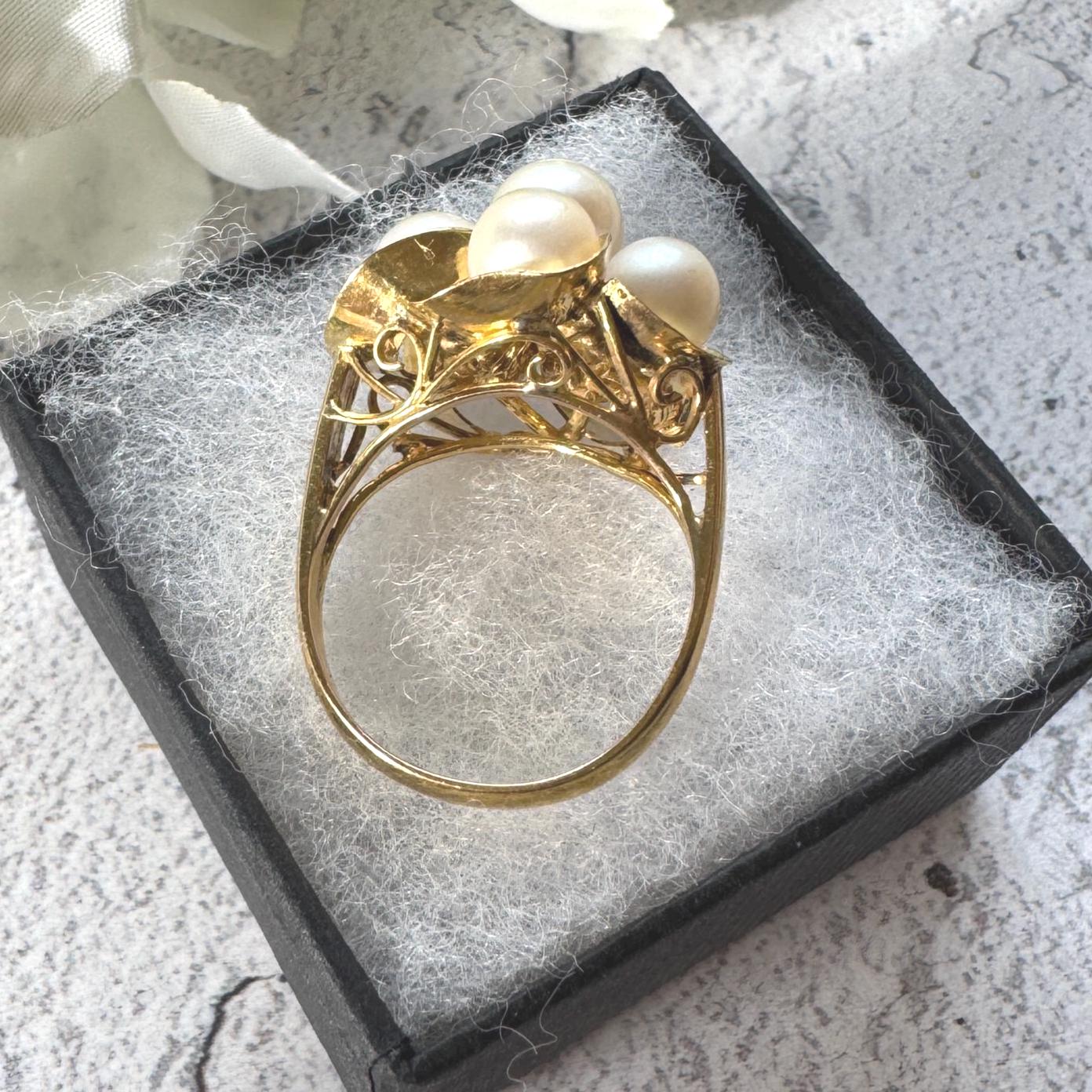 1970s 14ct Gold Pearl Cluster Ring: Mid-Century High Dome Flower Design (Boxed)
