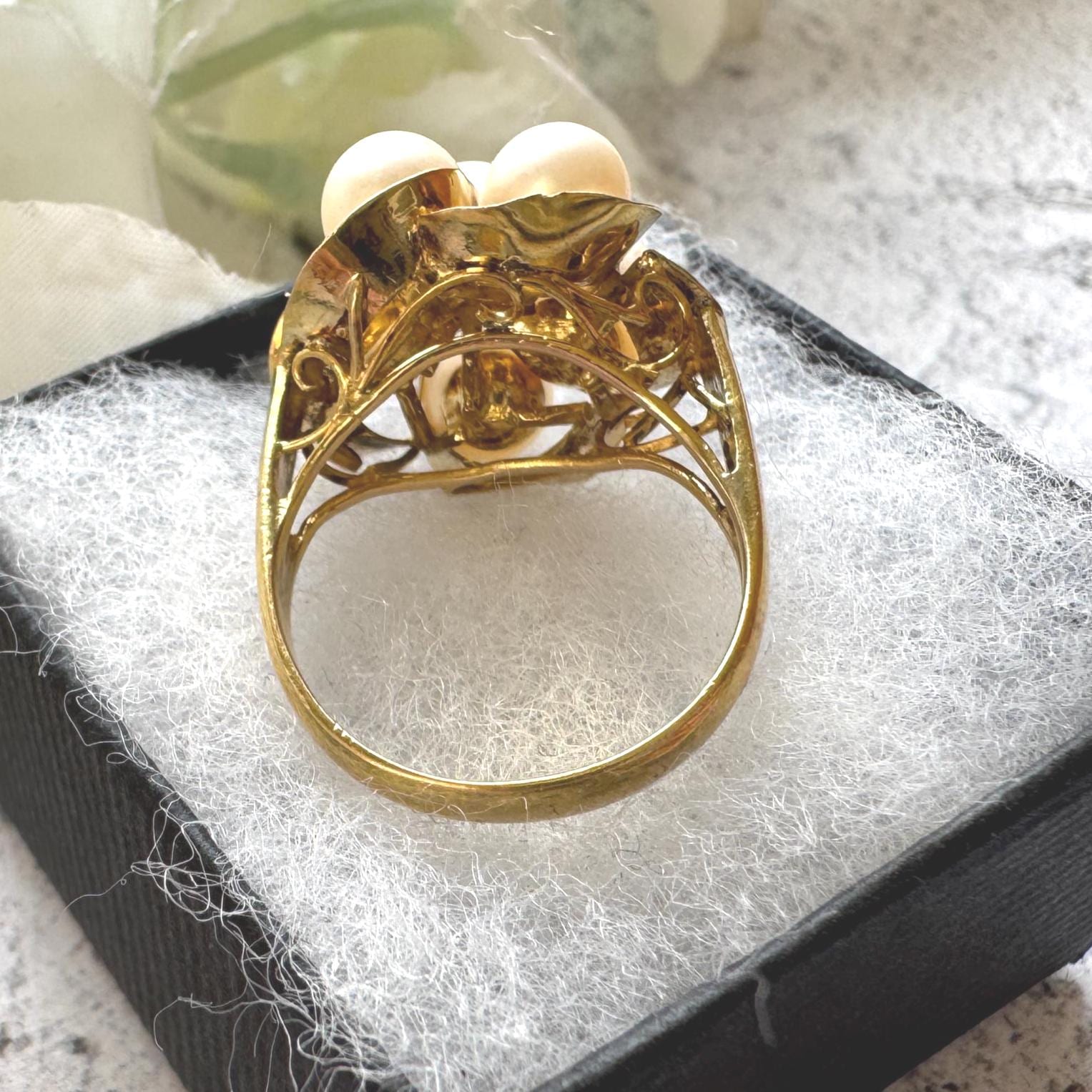1970s 14ct Gold Pearl Cluster Ring: Mid-Century High Dome Flower Design (Boxed)