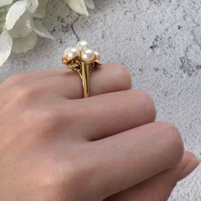1970s 14ct Gold Pearl Cluster Ring: Mid-Century High Dome Flower Design (Boxed)