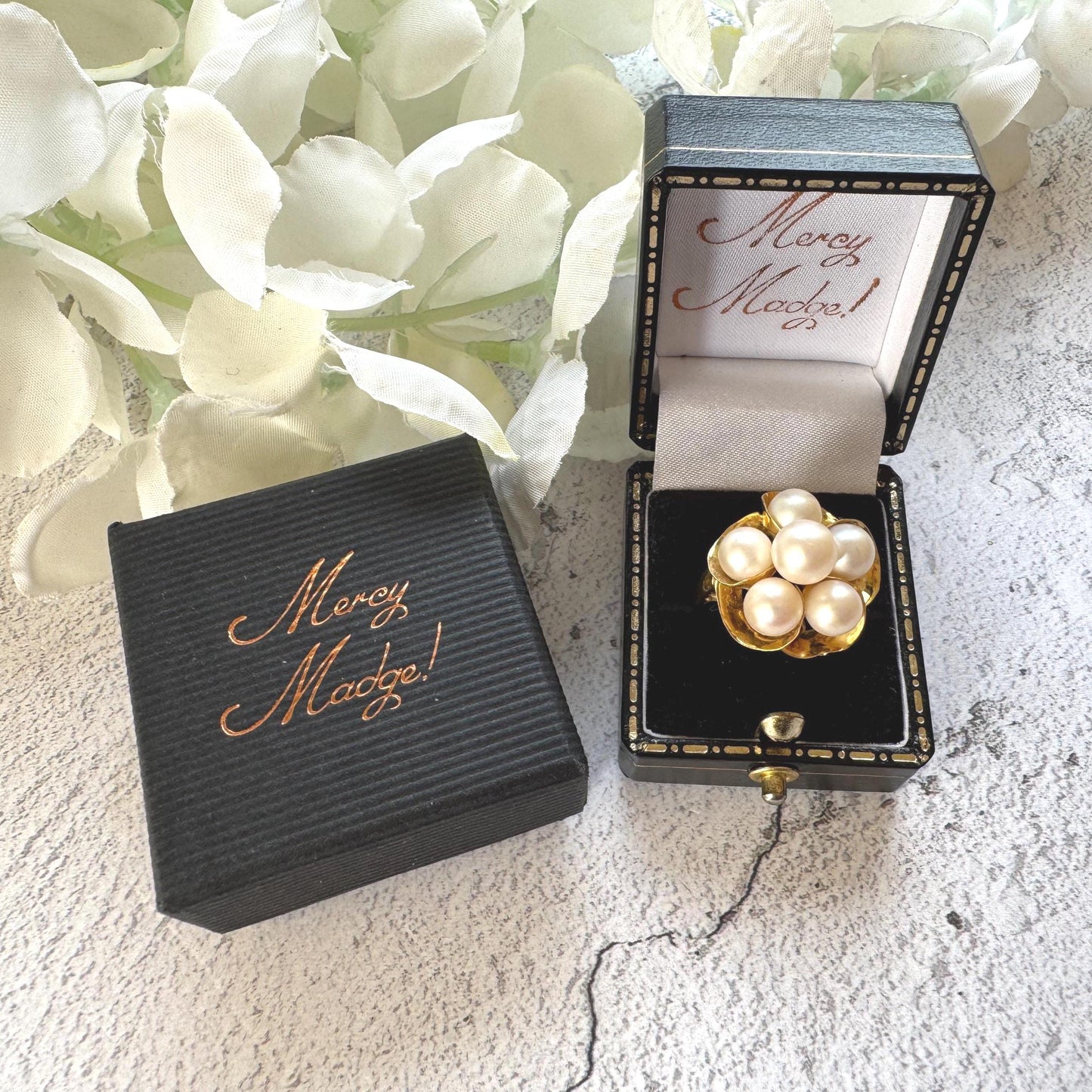 1970s 14ct Gold Pearl Cluster Ring: Mid-Century High Dome Flower Design (Boxed)