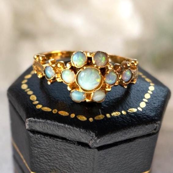 Antique 9ct Gold Natural Opal Cluster Daisy Ring: Georgian/Victorian Ornate Halo Ring