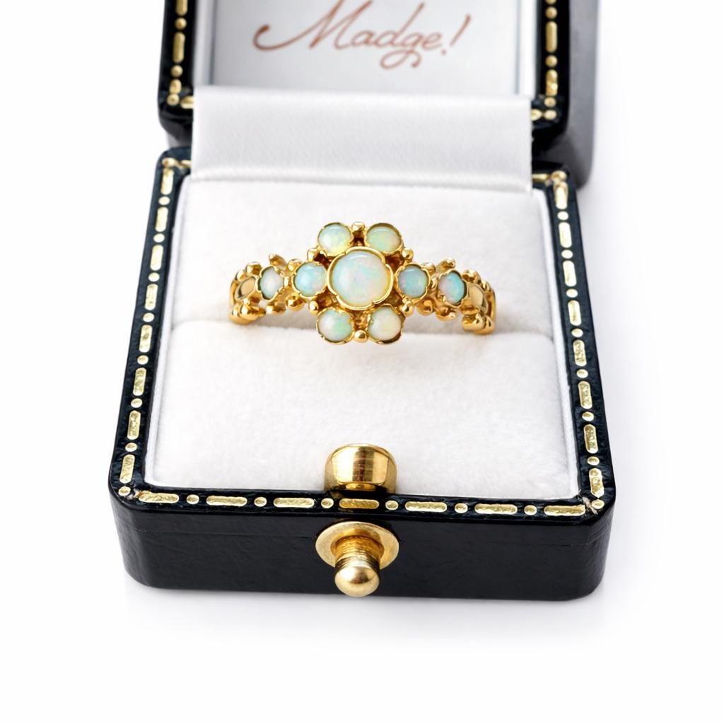 Antique 9ct Gold Natural Opal Cluster Daisy Ring: Georgian/Victorian Ornate Halo Ring