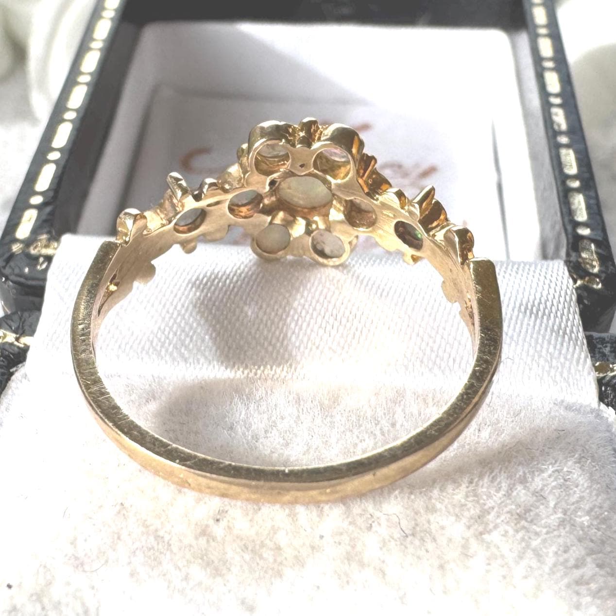 Antique 9ct Gold Natural Opal Cluster Daisy Ring: Georgian/Victorian Ornate Halo Ring