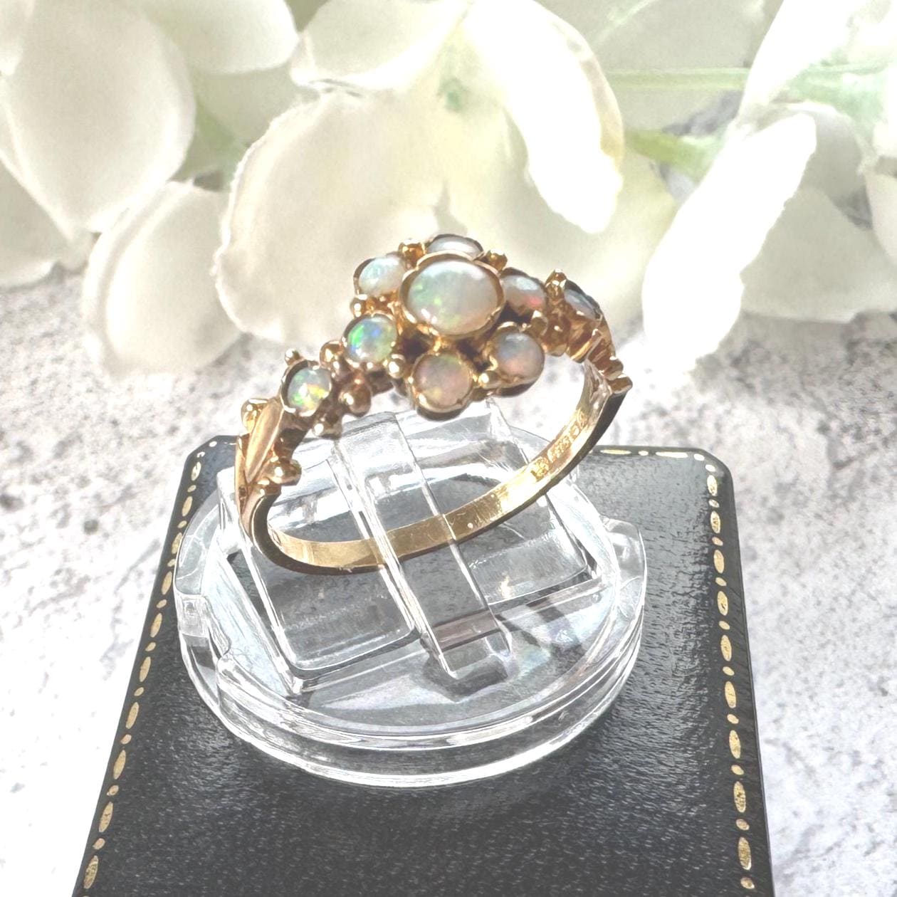 Antique 9ct Gold Natural Opal Cluster Daisy Ring: Georgian/Victorian Ornate Halo Ring
