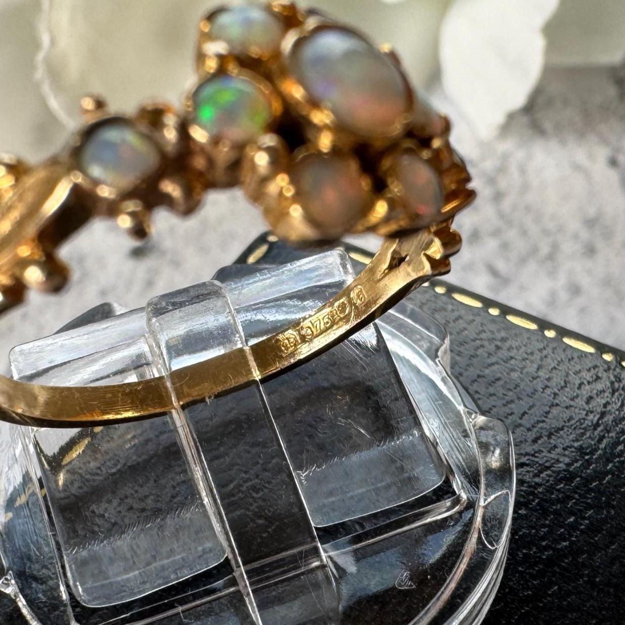 Antique 9ct Gold Natural Opal Cluster Daisy Ring: Georgian/Victorian Ornate Halo Ring
