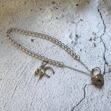 Load image into Gallery viewer, Vintage English Sterling Silver Curb Bracelet, Love Heart Padlock Clasp, Equestrian Horseshoe Charm
