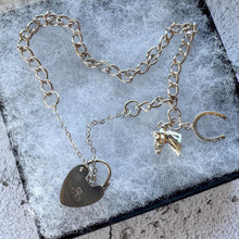 Load image into Gallery viewer, Vintage English Sterling Silver Curb Bracelet, Love Heart Padlock Clasp, Equestrian Horseshoe Charm
